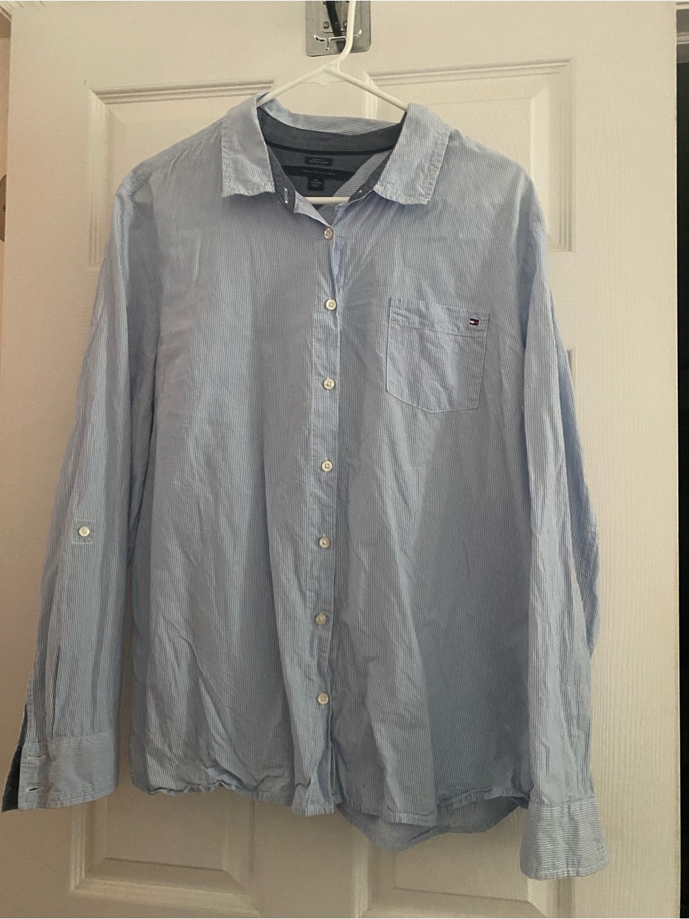 Tommy Hilfiger Light Blue and White Women's Classic Fit Button-Down Shirt XXL